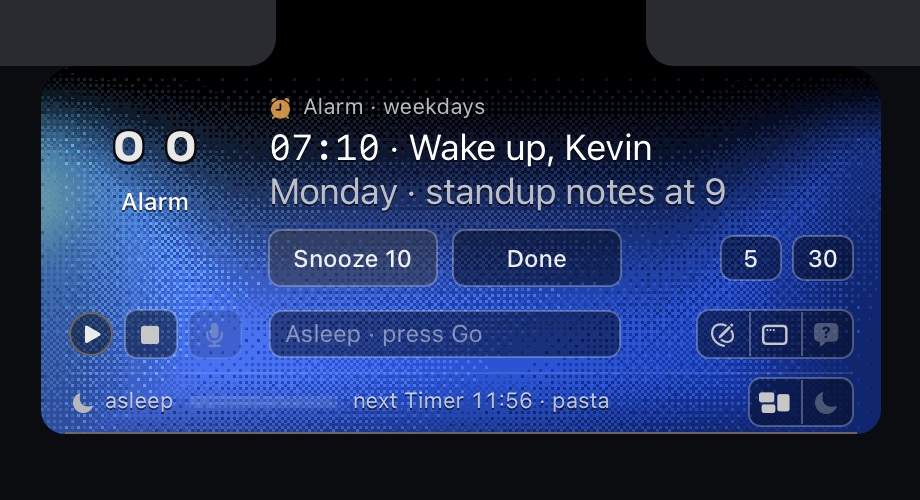 The island ringing an alarm while asleep. Snooze 10 and Done.